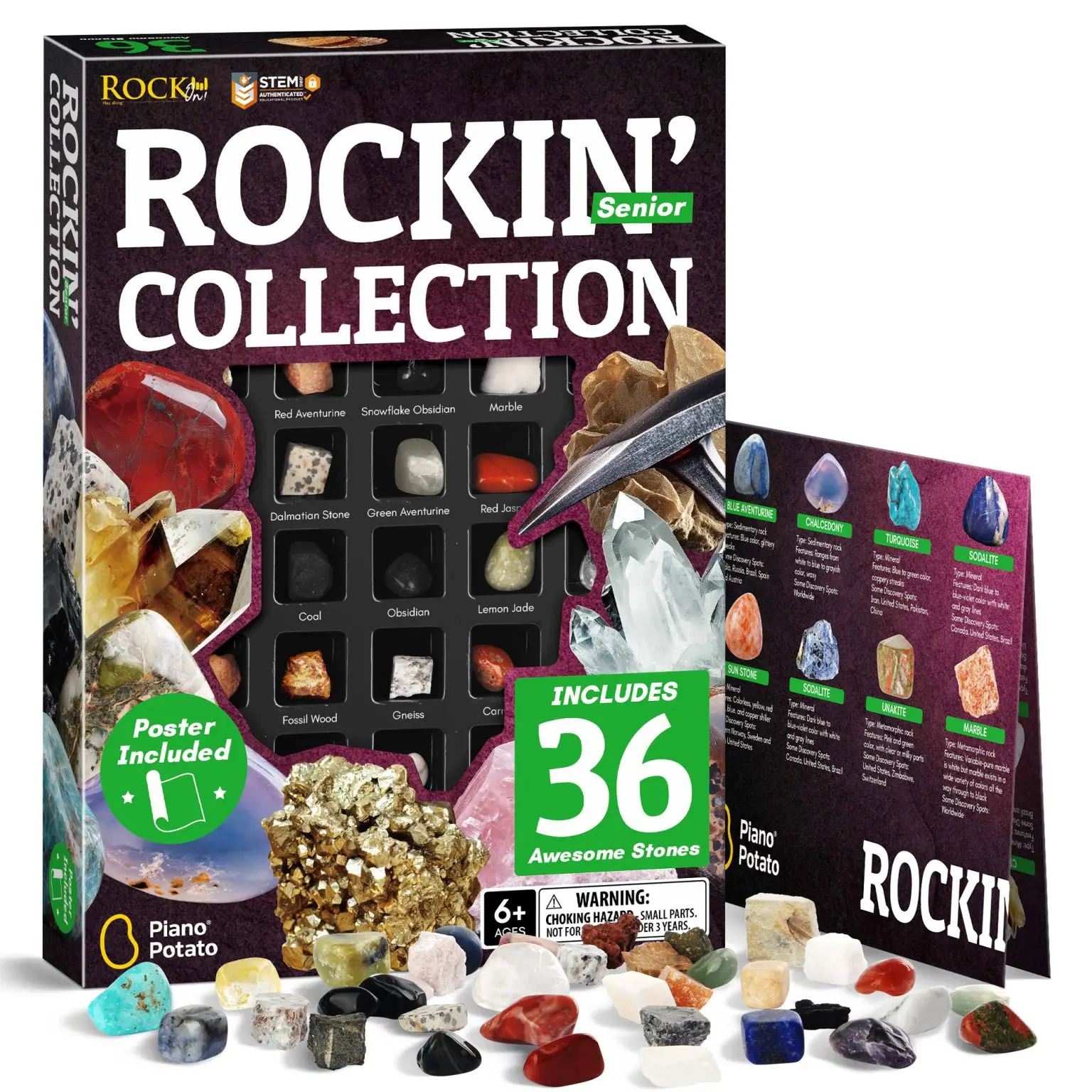 Gamerside collection of 36 real rocks, gemstones, and crystals for children ages six to twelve