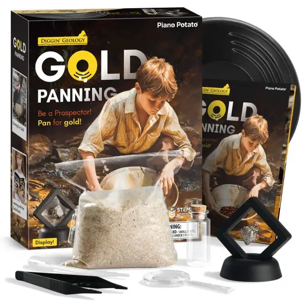Gold Panning Pay Dirt Kit - Mining Pan Set with Magnifier, Tweezers, Dropper, Bottle & Display Stand, Ages 6+