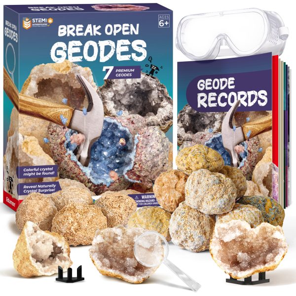 Break Open Geodes Kit - 7 Real Geodes, Goggles, Magnifier & Display Stands, Crystal Science Gift