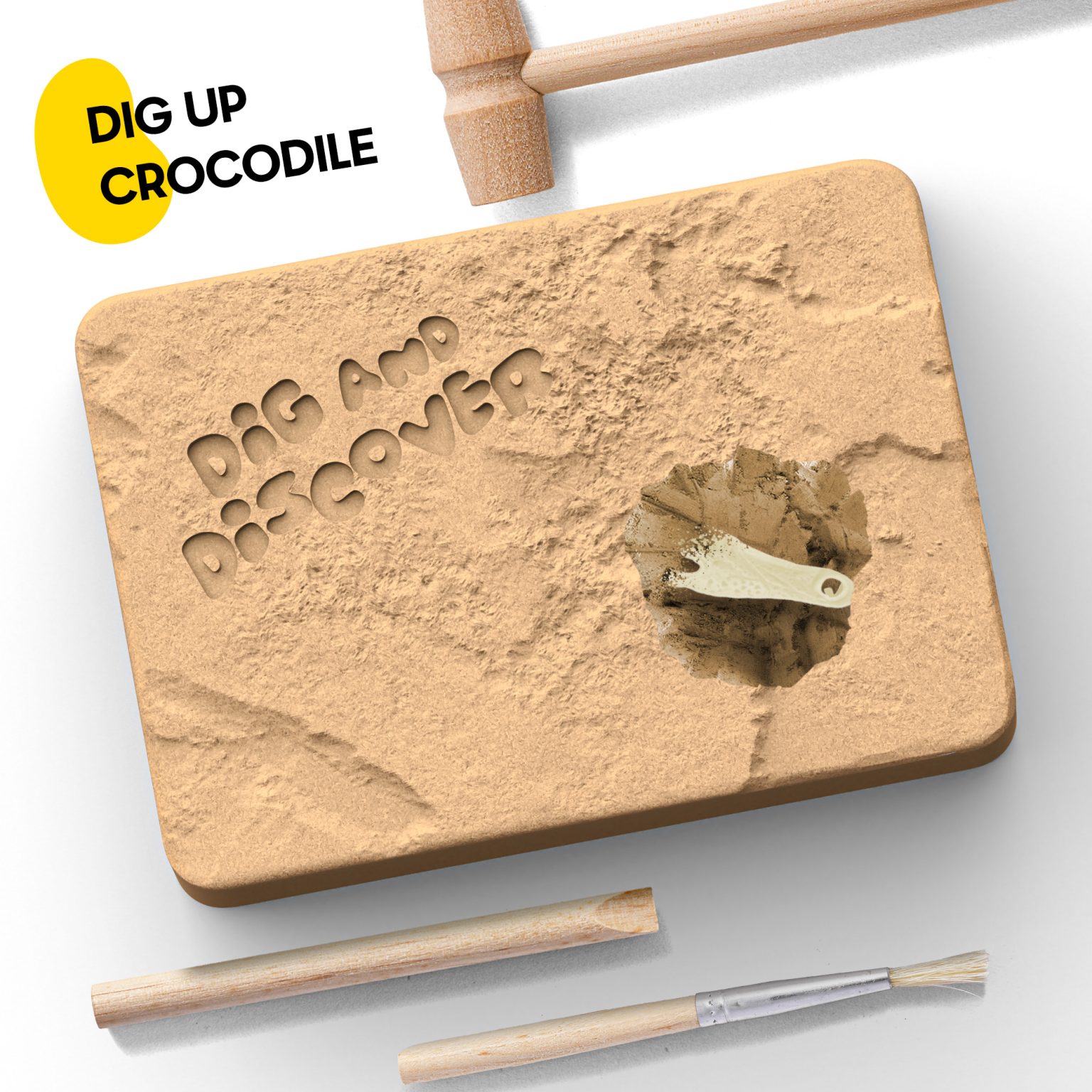 Crocodile digging block with wooden hammer, chisel, and brush during excavation
