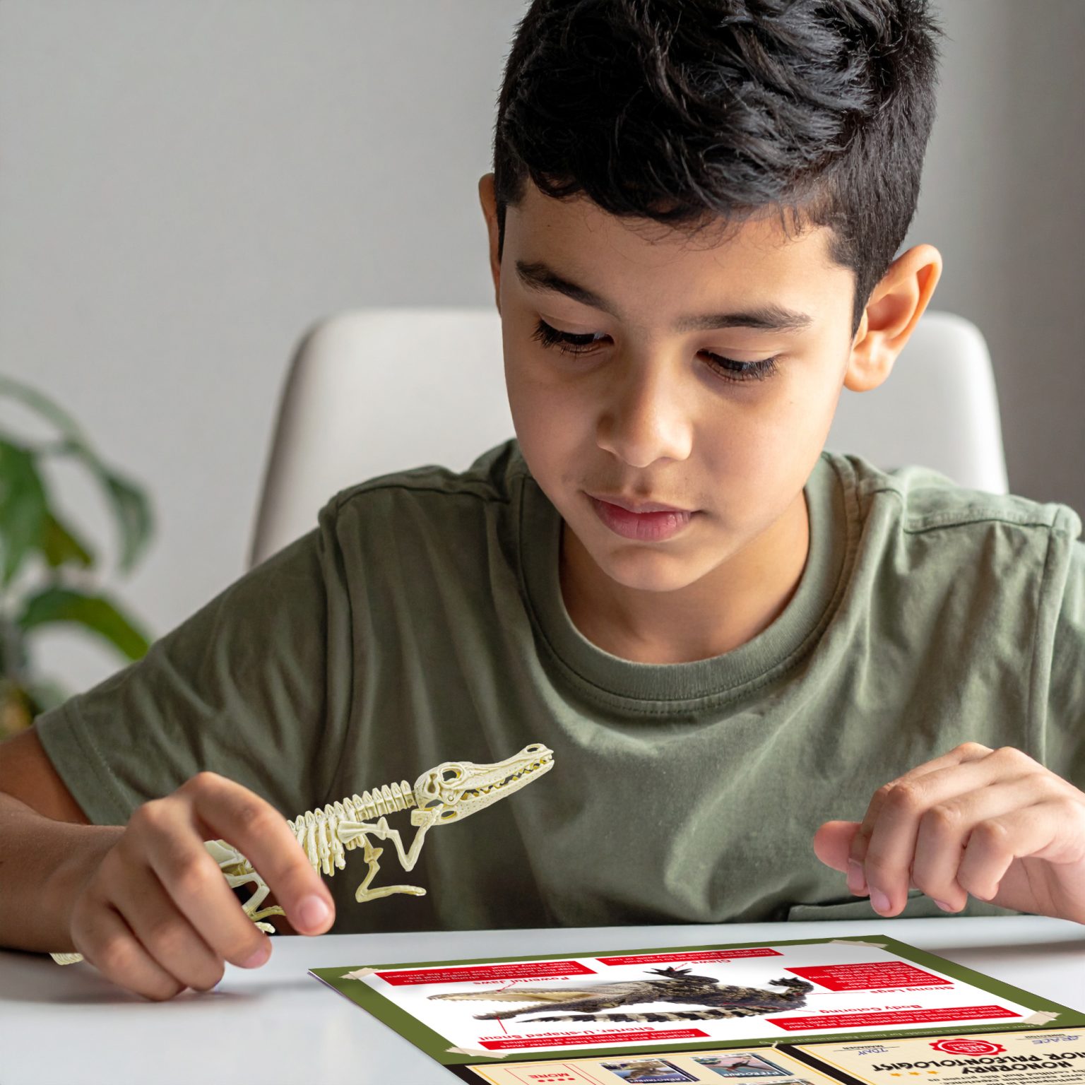 Child examining the assembled crocodile skeleton with the illustrated guide