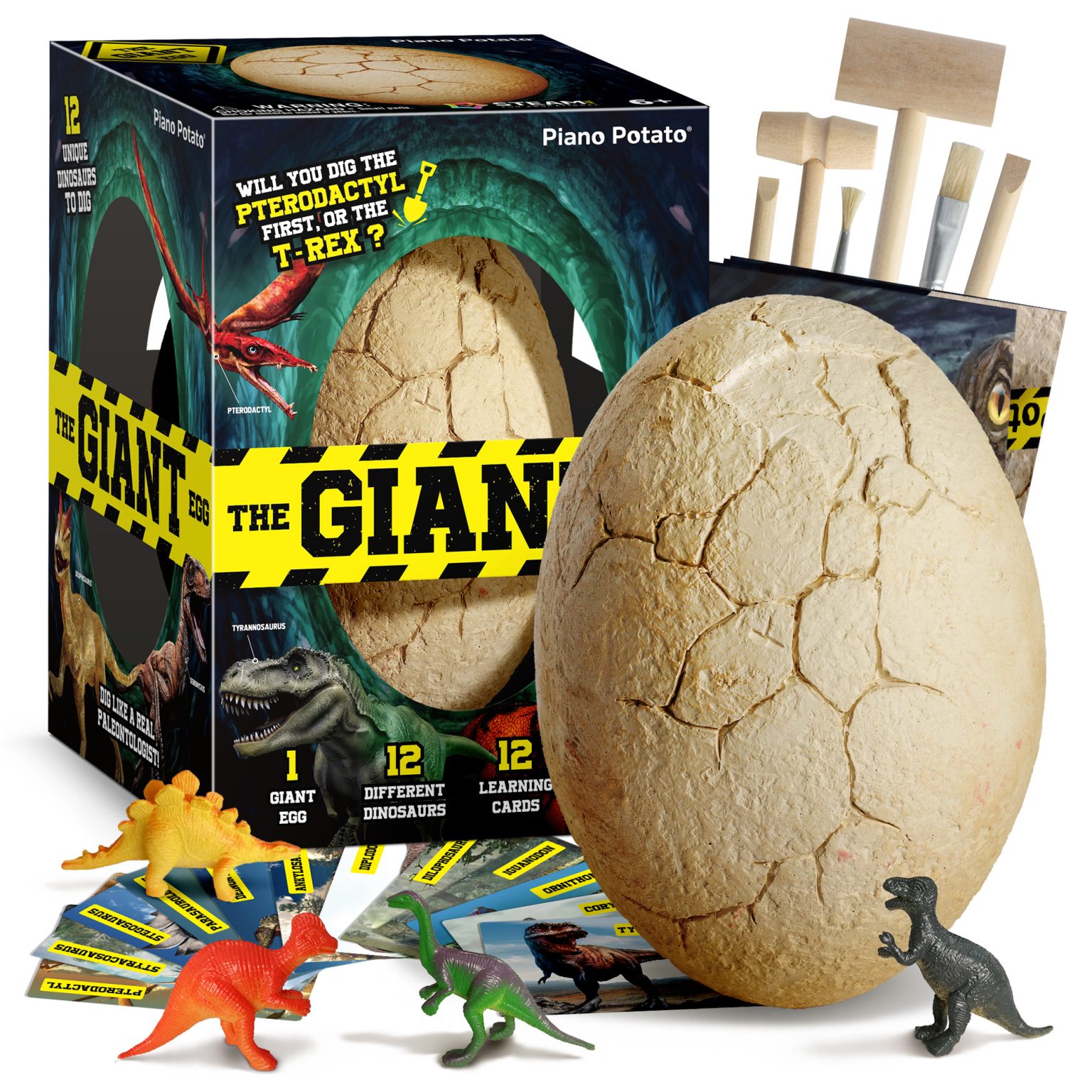 Jumbo Dinosaur Egg Dig Kit with 12 dinosaur figures, learning cards, poster, and two sets of wooden tools