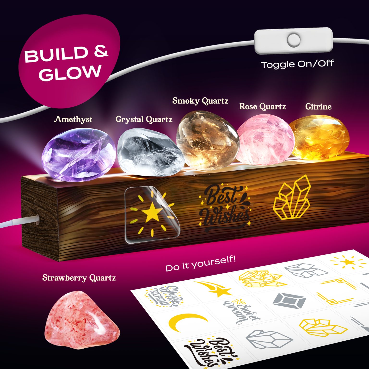 Six named crystals arranged on the wooden USB LED night light base with decorative stickers