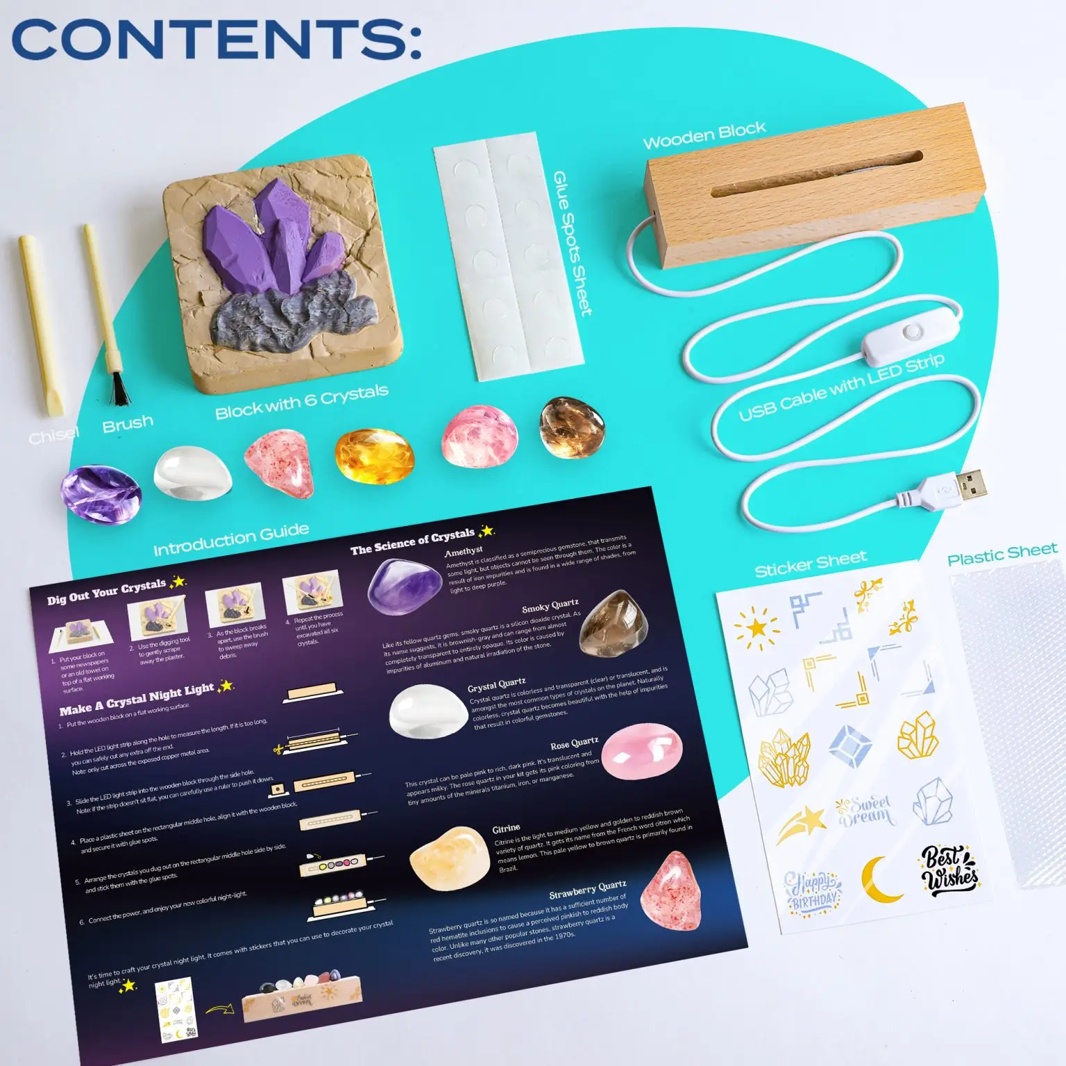 Crystal Night Light Dig Kit contents: block, six crystals, chisel, brush, adhesive dots, wooden base, USB LED cable, sticker sheet, clear plastic sheet, and guide