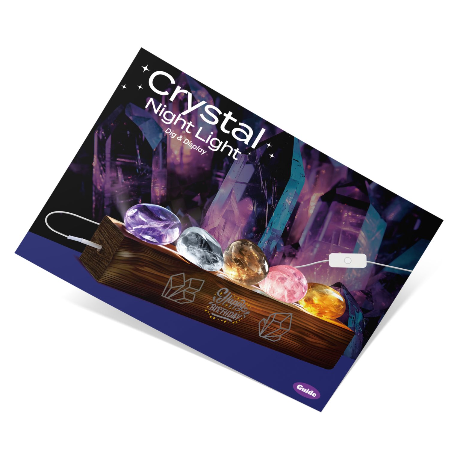Illustrated Crystal Night Light guide showing the six stones, assembly steps, and finished USB display