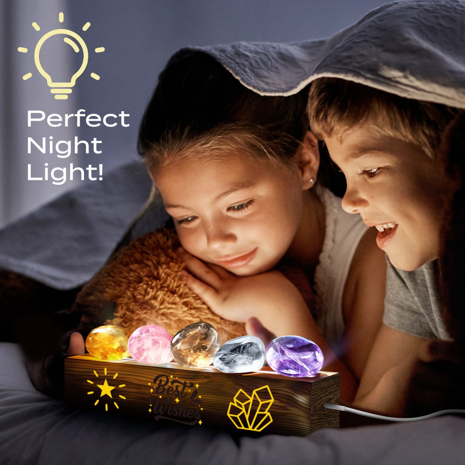 Finished Crystal Night Light glowing beside two children in a dark indoor setting