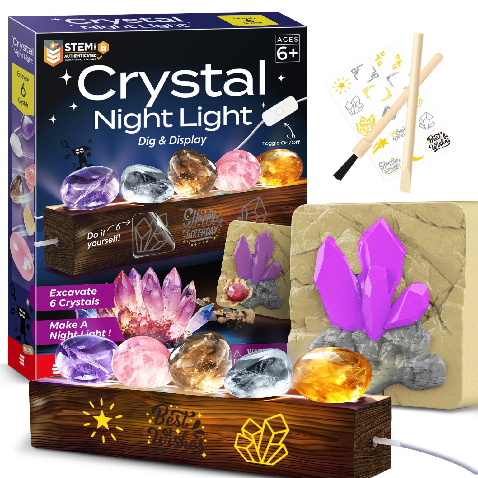 Crystal Night Light Dig Kit with excavation block, six crystals, tools, USB LED base, stickers, and retail box