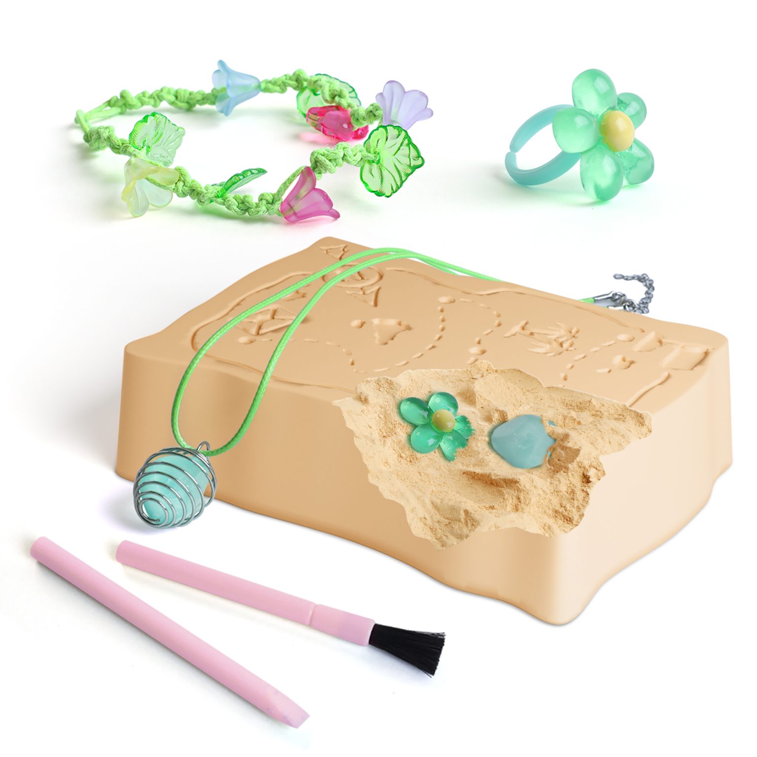 Bracelet, ring, and necklace made with the leaf, flower, butterfly, and fluorite pieces from the dig block