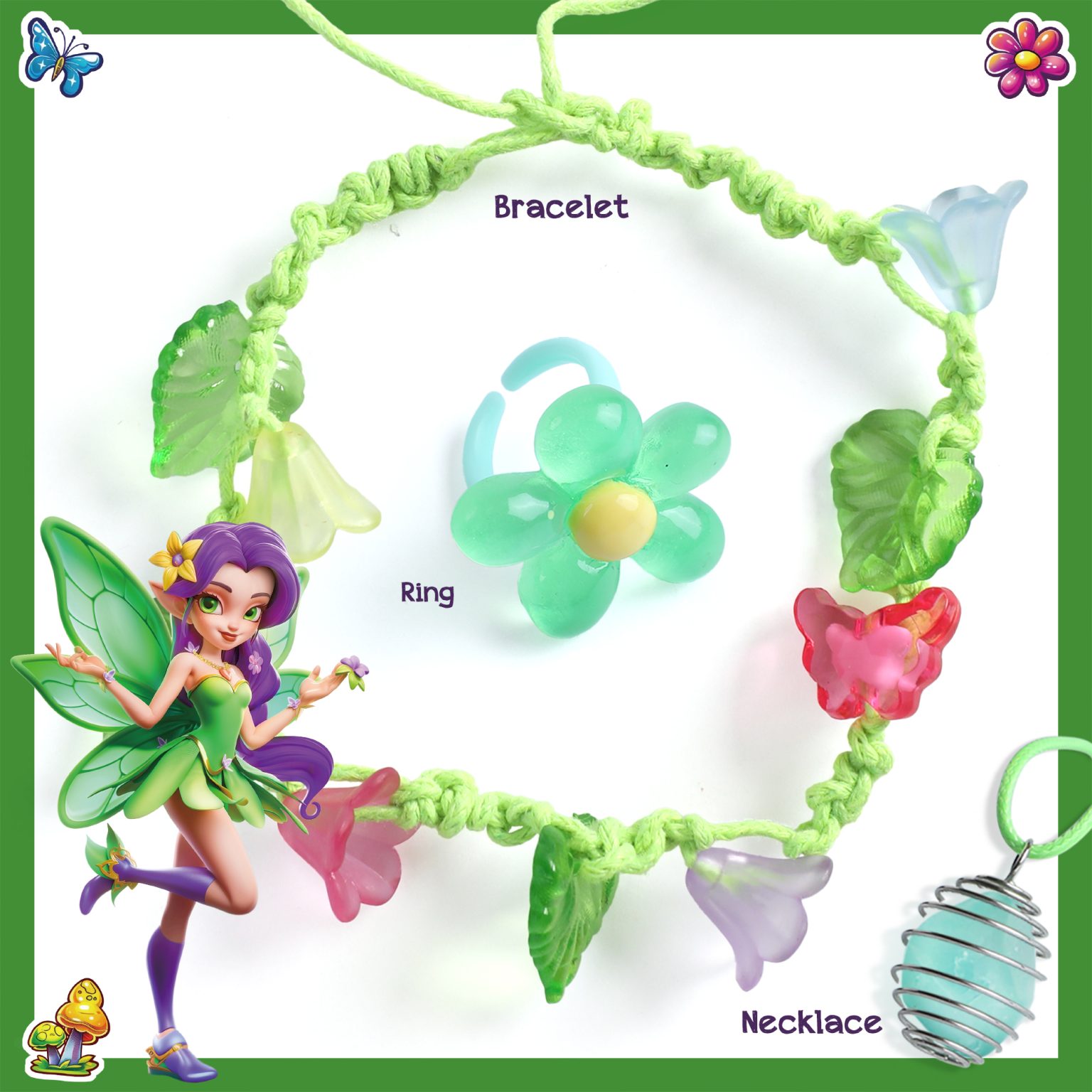 Fairy Scavenger Hunt digging block, tools, jewelry parts, clue cards, and instruction guide arranged together