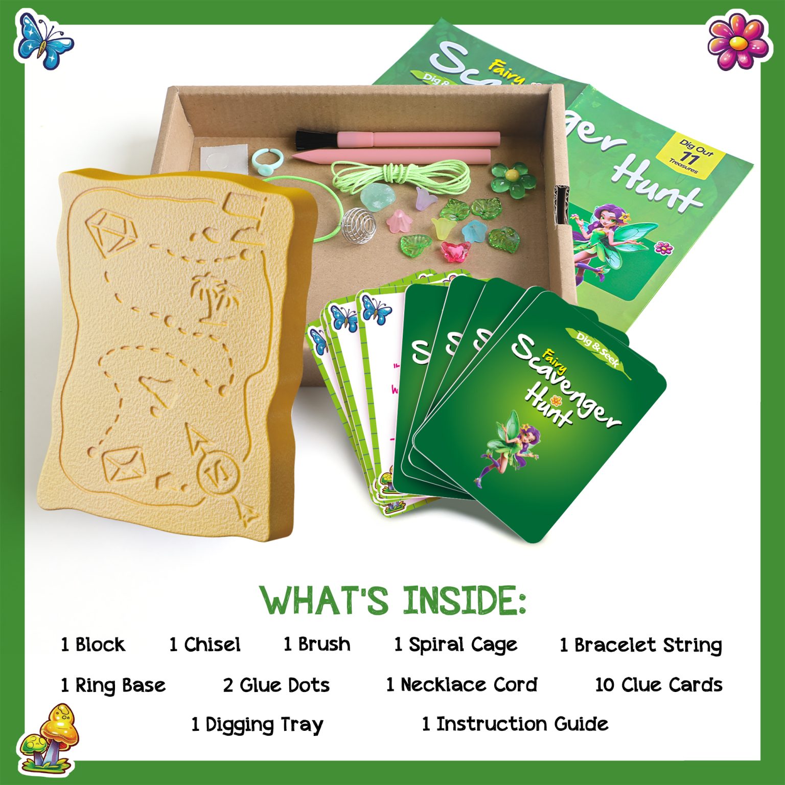 Complete Fairy Scavenger Hunt kit contents including digging block, tray, chisel, brush, jewelry parts, clue cards, and guide