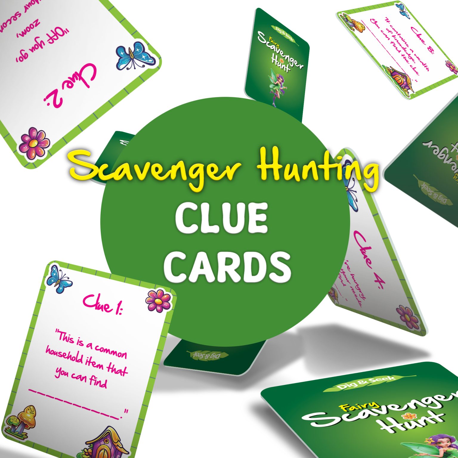 Ten Fairy Scavenger Hunt clue cards for writing a custom indoor treasure trail