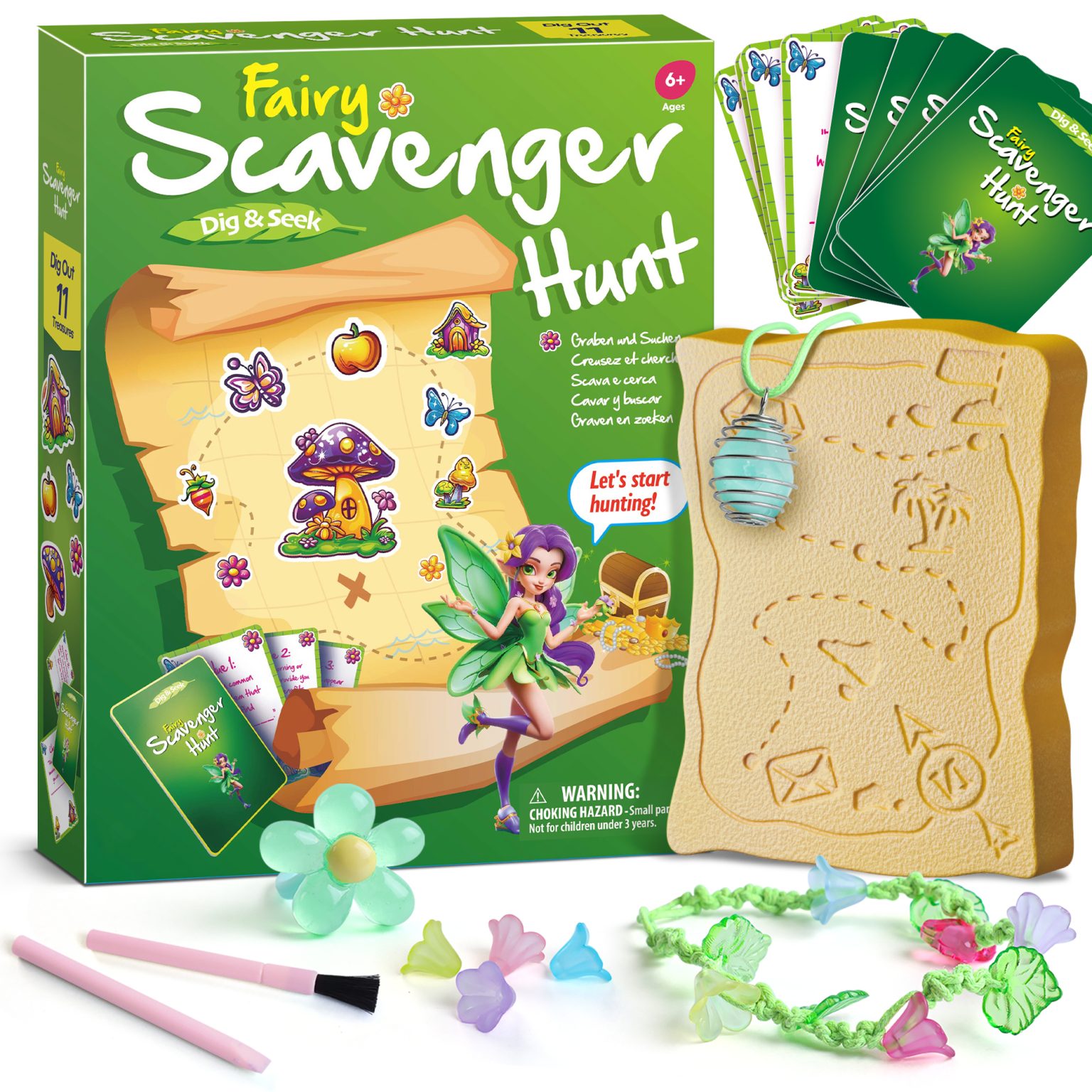 Fairy Scavenger Hunt Dig Kit with map-shaped digging block, tools, clue cards, beads, necklace, bracelet, and ring