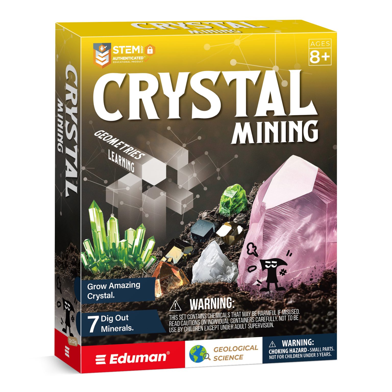 Crystal Mining retail package marked ages 8 plus with safety warnings