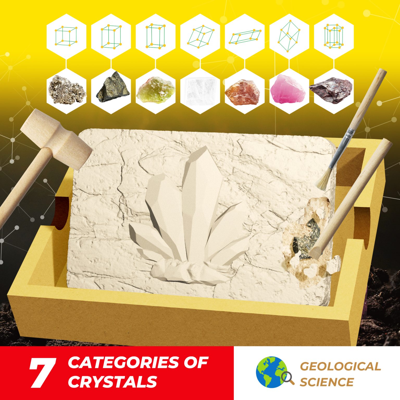 Crystal-shaped digging block, tray, wooden hammer, chisel, brush, and seven minerals