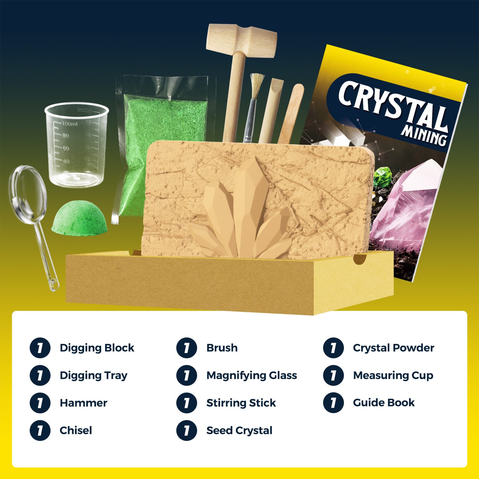 Complete contents of the Crystal Mining kit including block, tray, tools, growing powder, seed crystal, cup, and guide