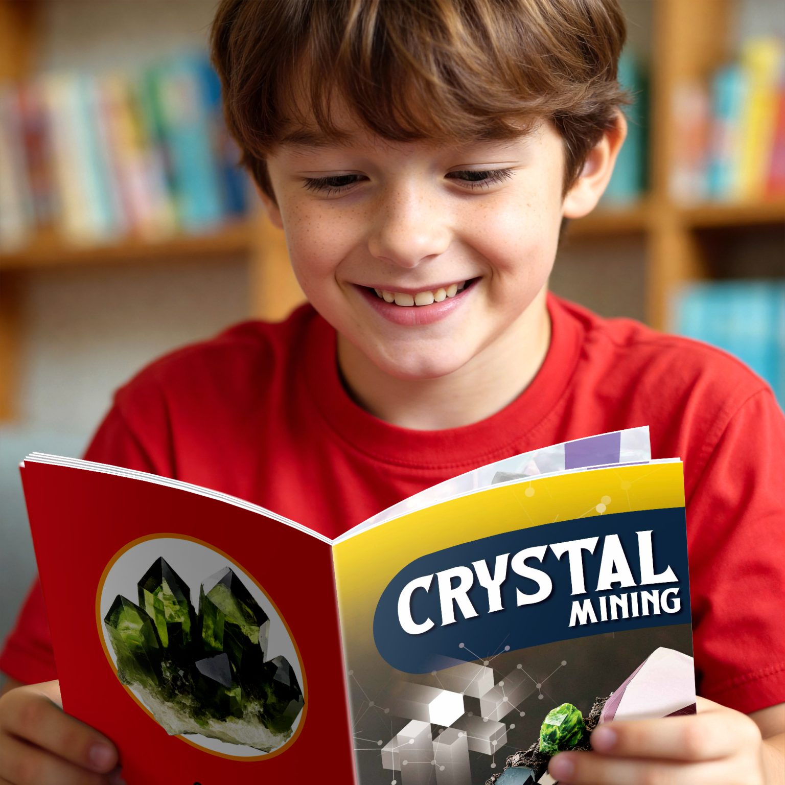 Child reading the Crystal Mining guide after the excavation activity