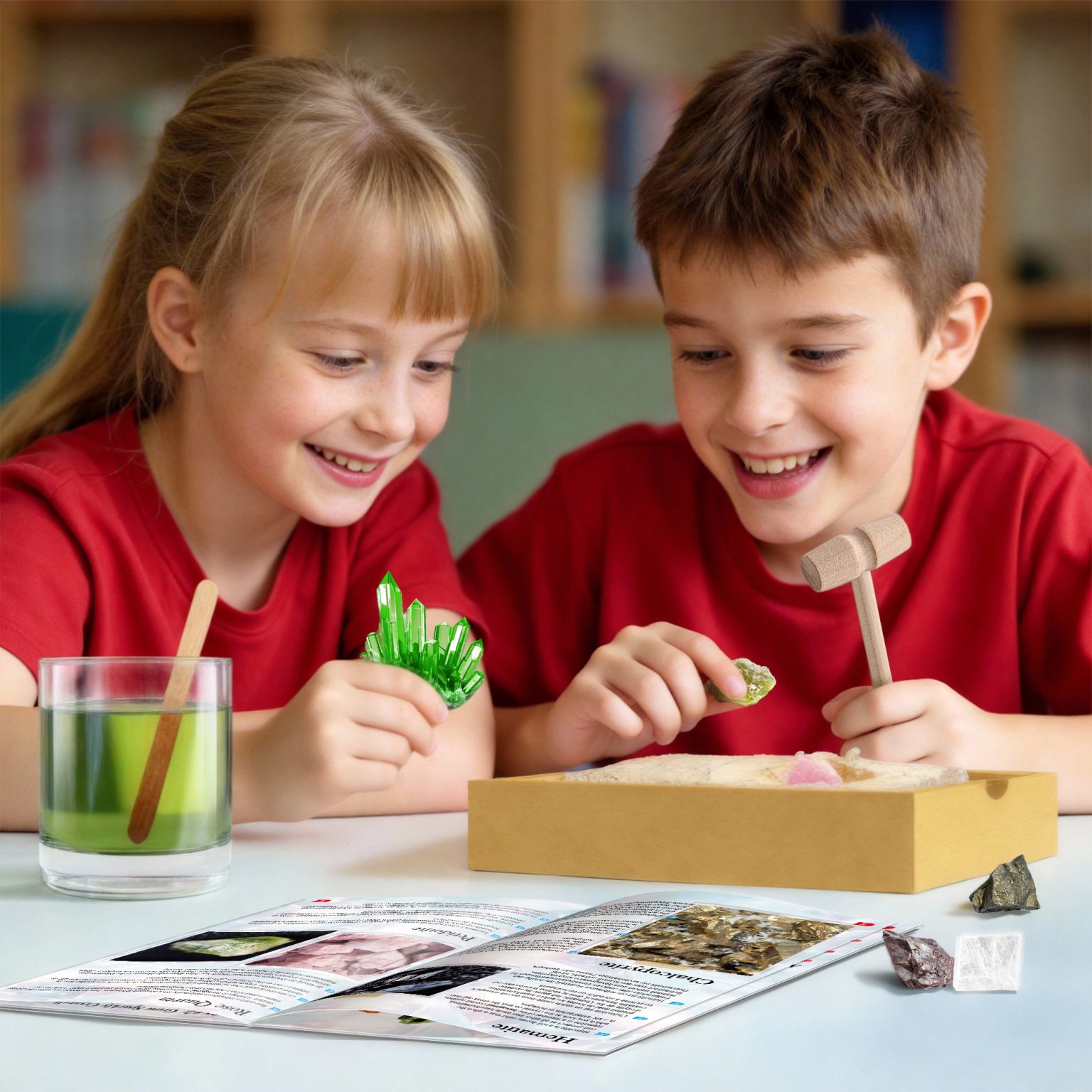 Children examining minerals and preparing the crystal-growing activity with an adult nearby