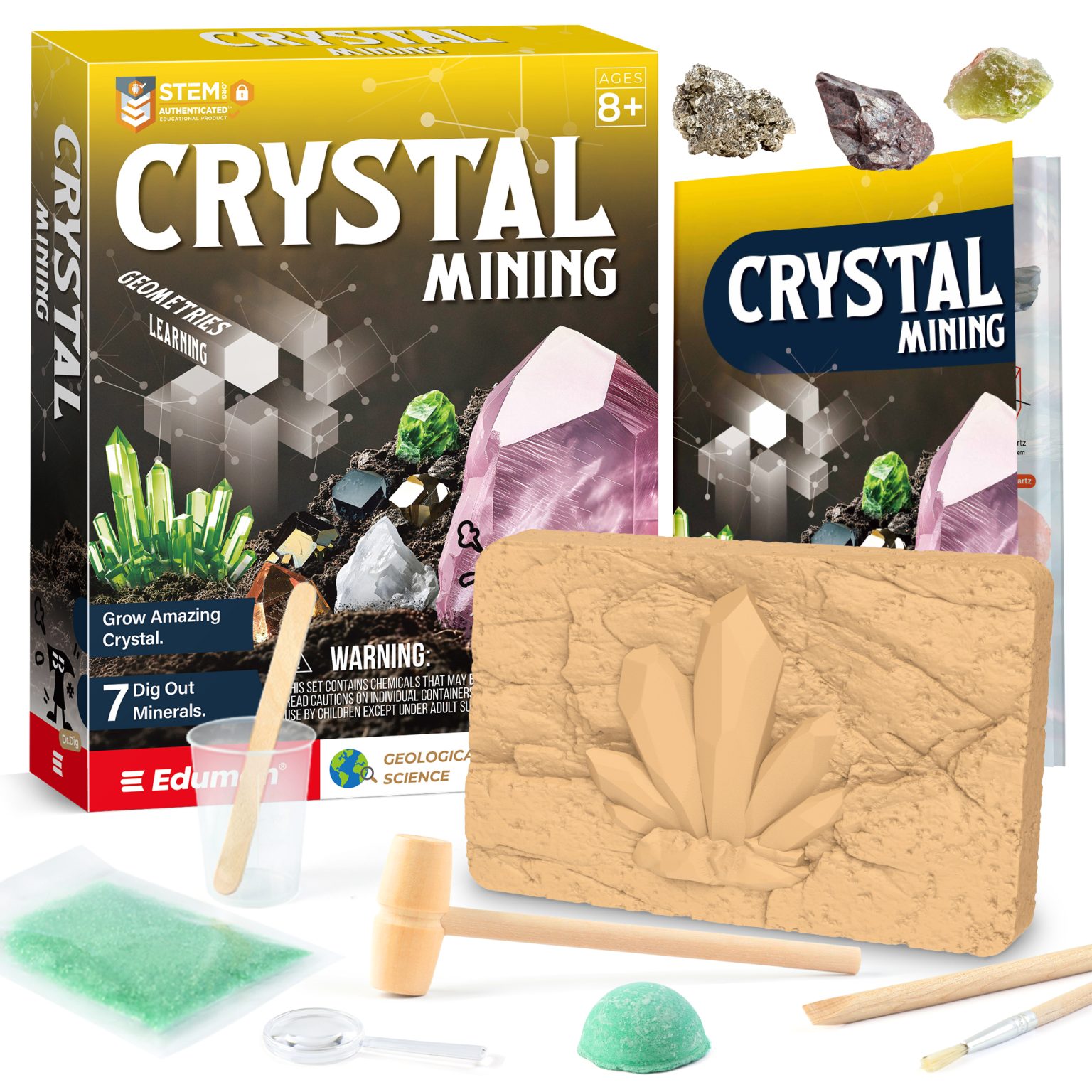 Crystal Mining and Growing Kit box with digging tools and crystal materials