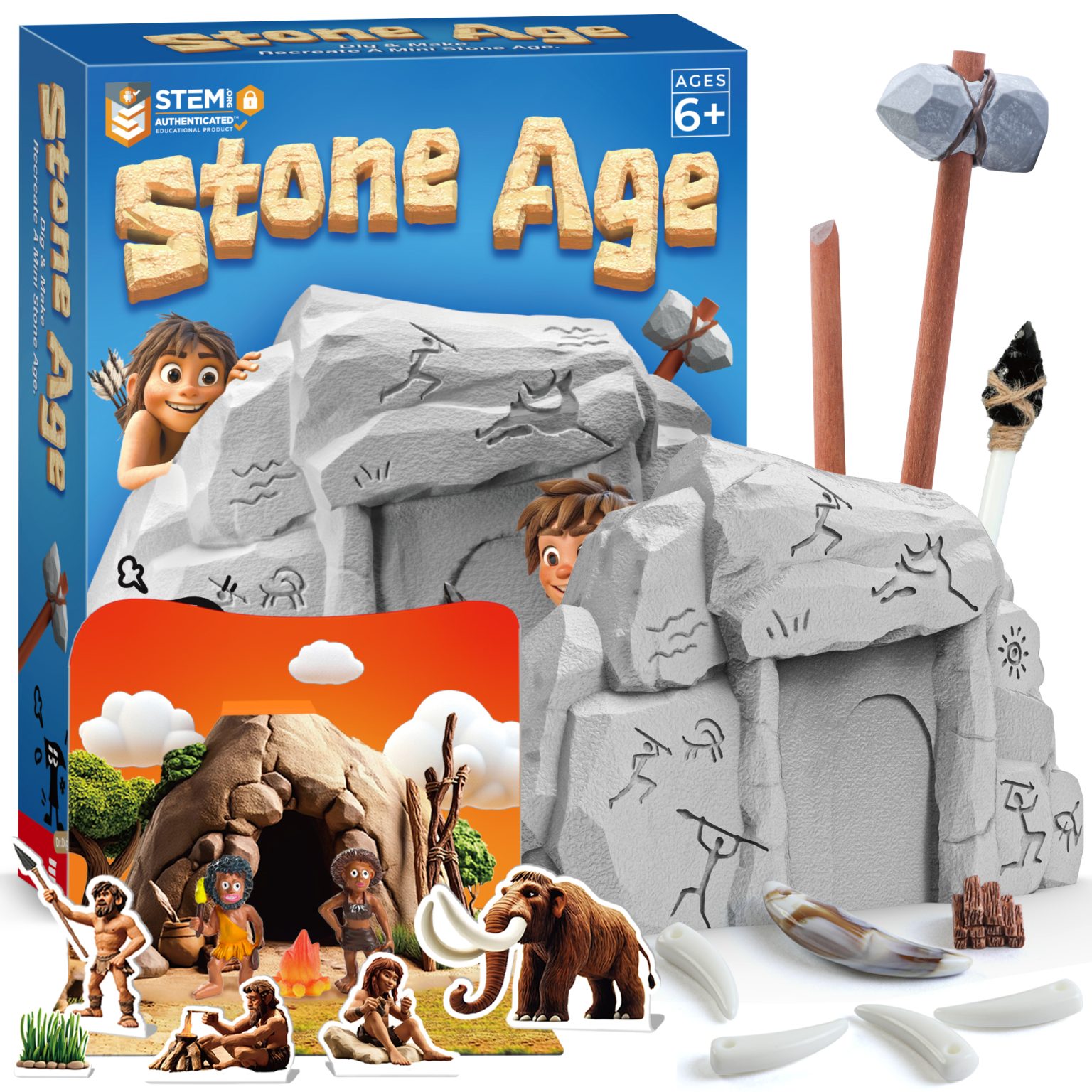 Stone Age Fossil Dig Kit with more than ten prehistoric fossils and digging tools