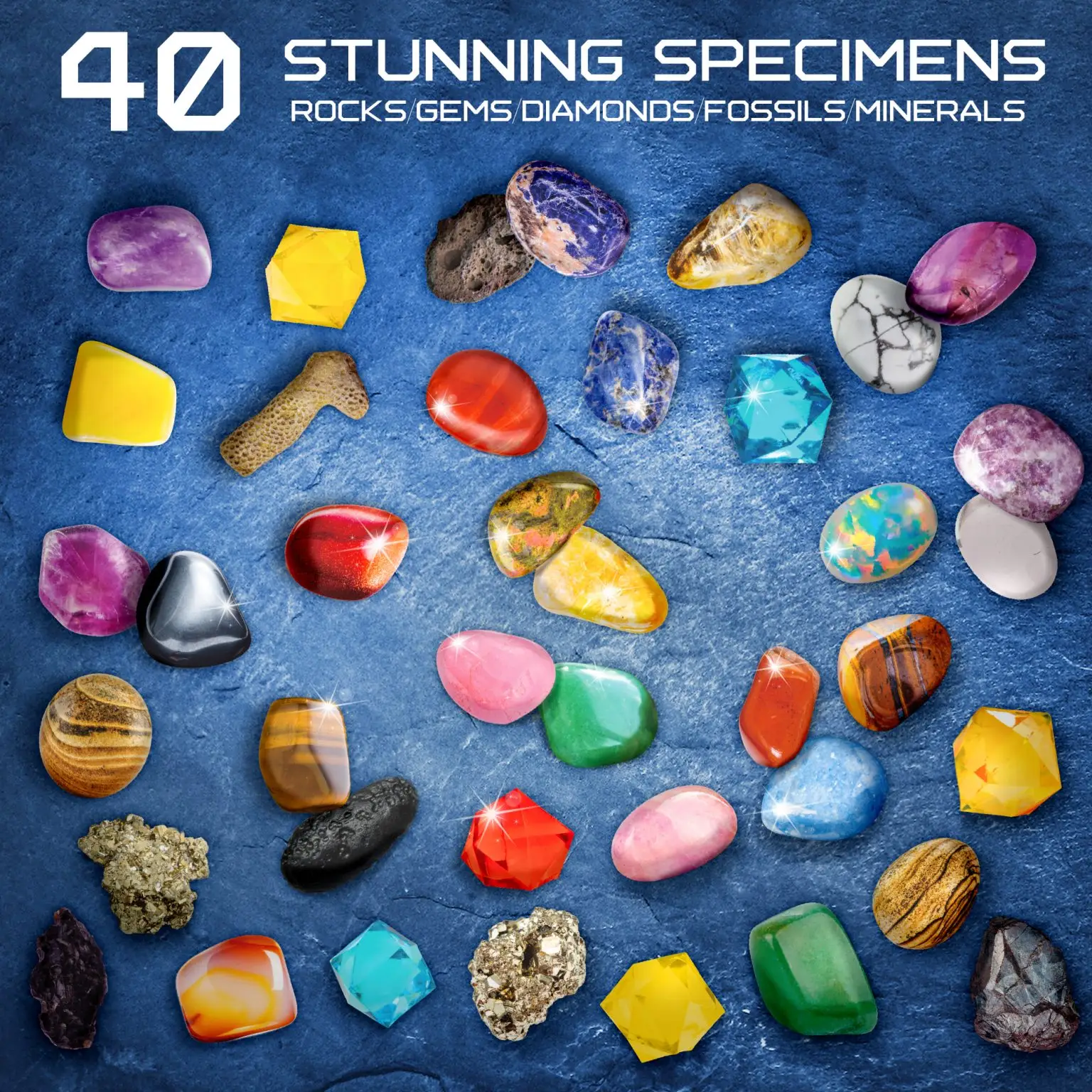 Forty assorted rocks, gems, minerals, fossil specimens, and faceted decorative pieces included in the Galaxy Gemstone Dig Kit