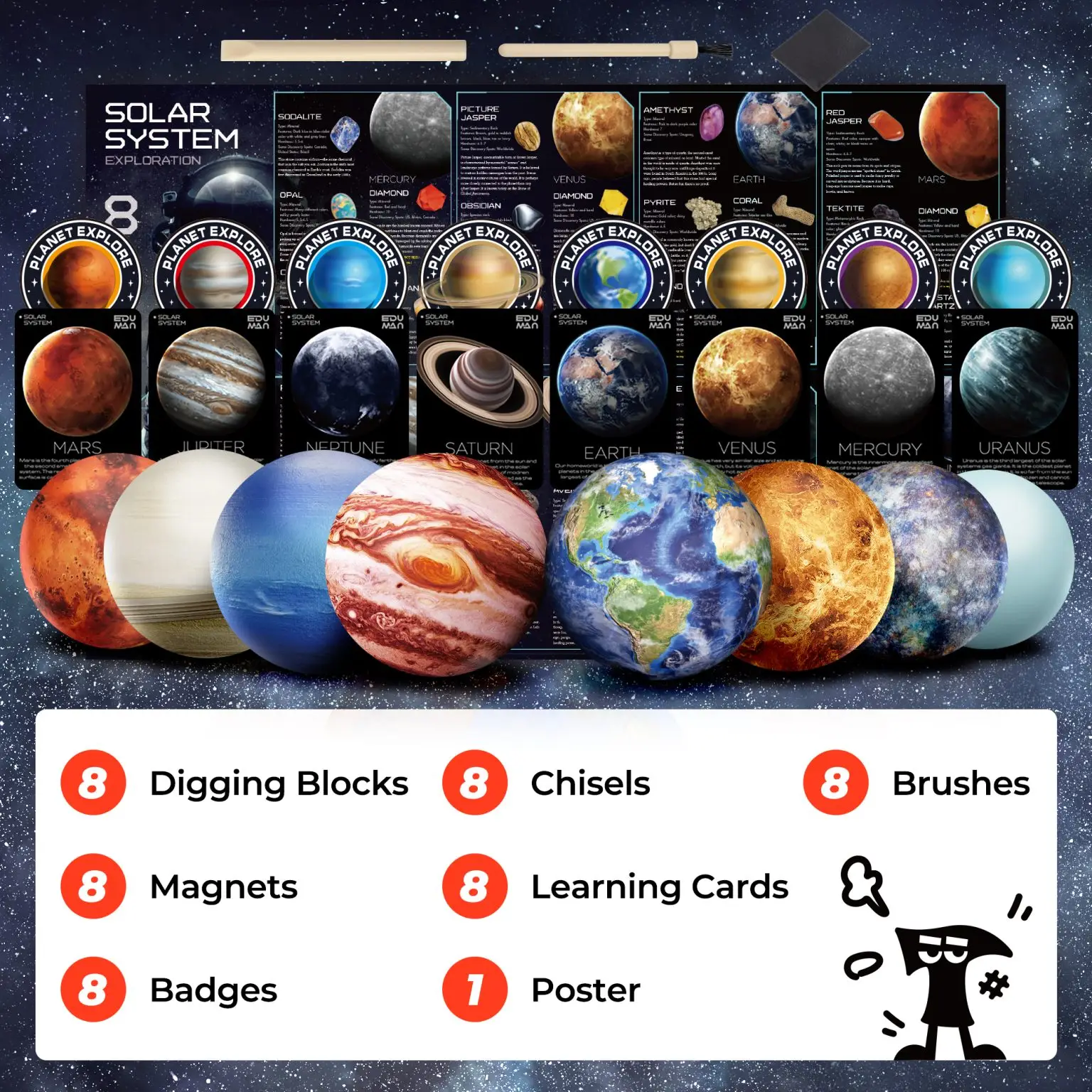 Galaxy Gemstone Dig Kit contents showing eight planet blocks, eight chisels, eight brushes, eight magnets, eight learning cards, eight badges, and one poster