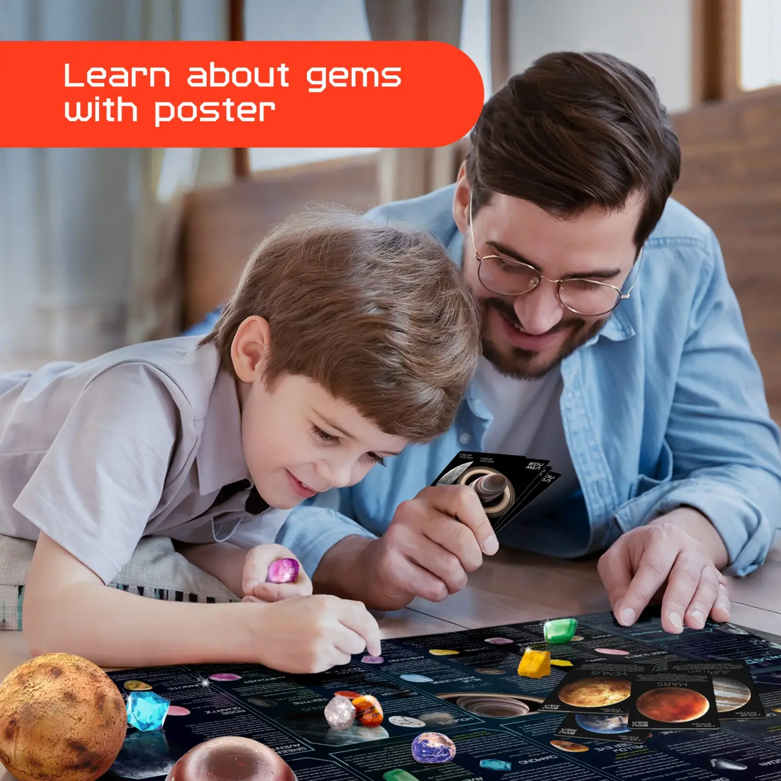 Parent and child comparing uncovered specimens with the Galaxy Gemstone Dig Kit poster