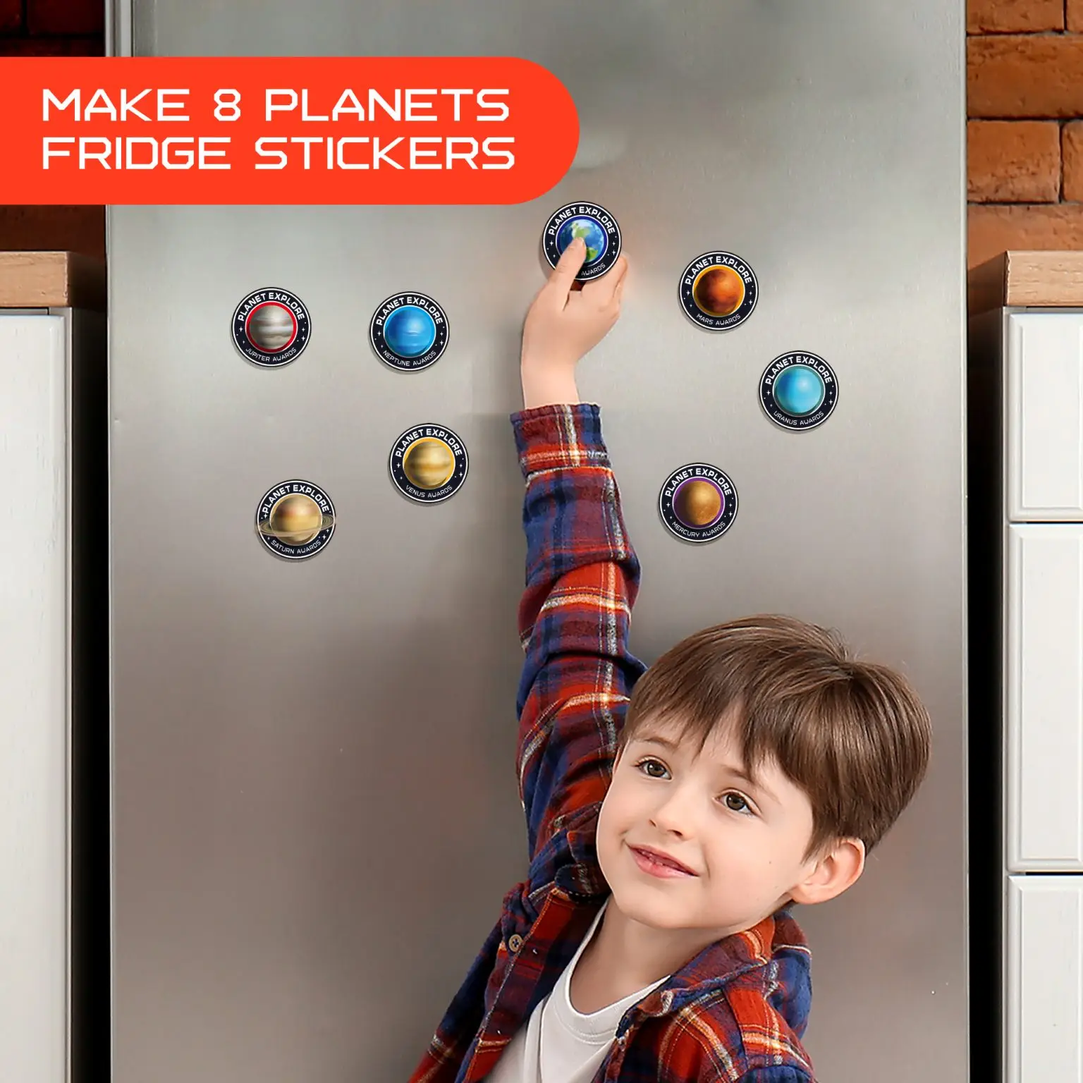 Child arranging eight planet badge magnets on a refrigerator