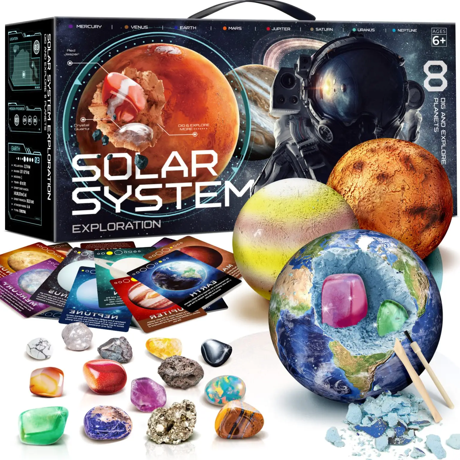 Galaxy Gemstone Dig Kit with eight planet blocks, 40 assorted specimens, tools, cards, poster, magnets, and badges