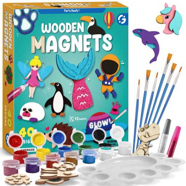DIY Wooden Magnets, 40 pcs Magic Magnetic Paint Set, Wood Arts and Crafts Painting Kit for Kids