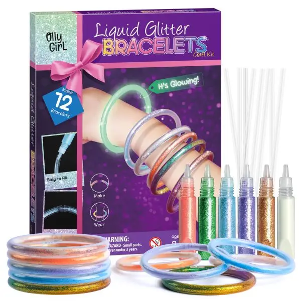 DIY Glitter Bracelet Making Kit for Girls, 6 Colors + Glow Glitter, 12 Tubes & Connectors, Ages 6 to 12