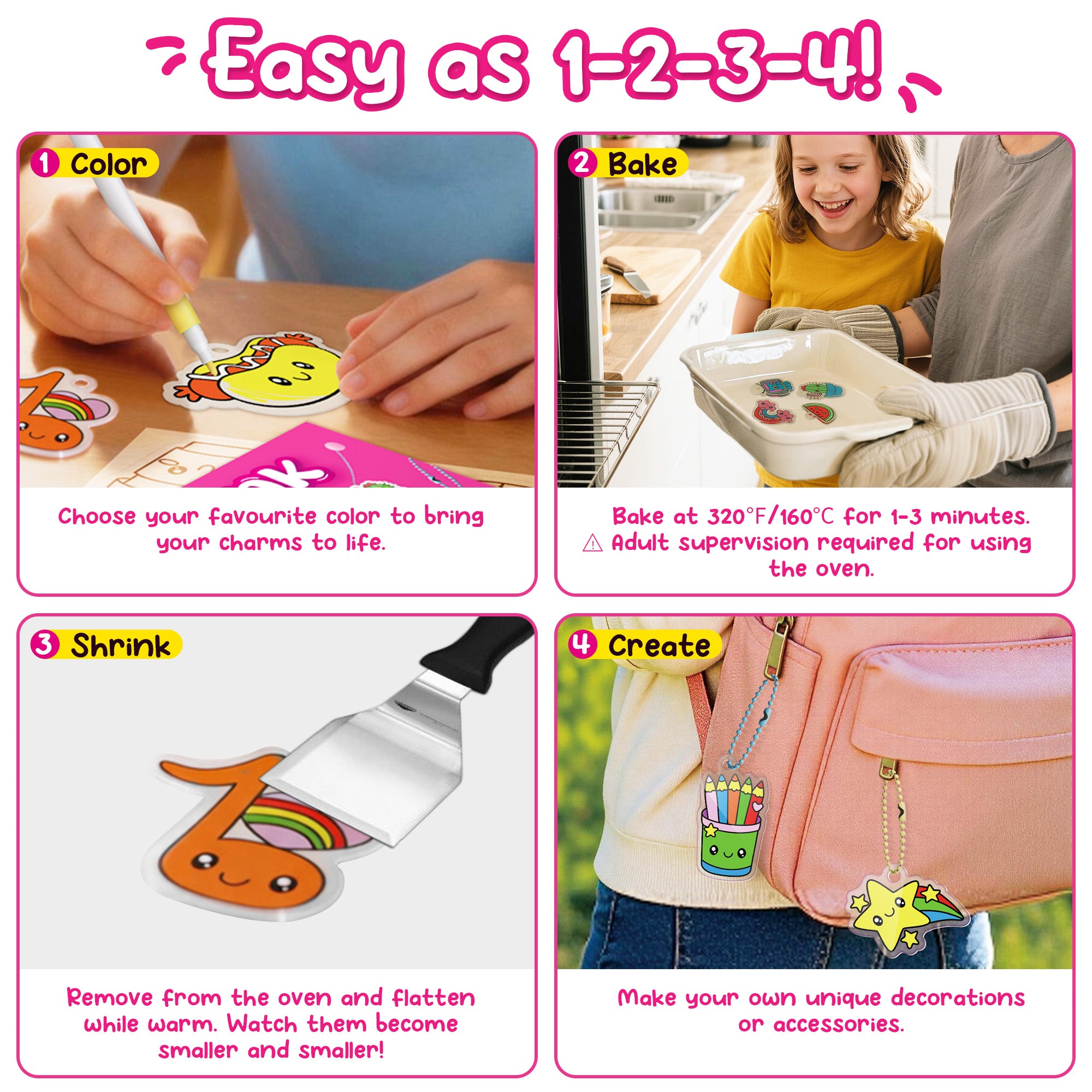 Piano Potato DIY Shrinking Art Kit for Kids - 30 Pre-Cut Shrink Plastic Sheets & Keychain Making Kit, 8 Acrylic Markers, Charms, Bracelets, No Mess Creative Activity, Birthday Gift for Girls Ages 6+ - Image 3