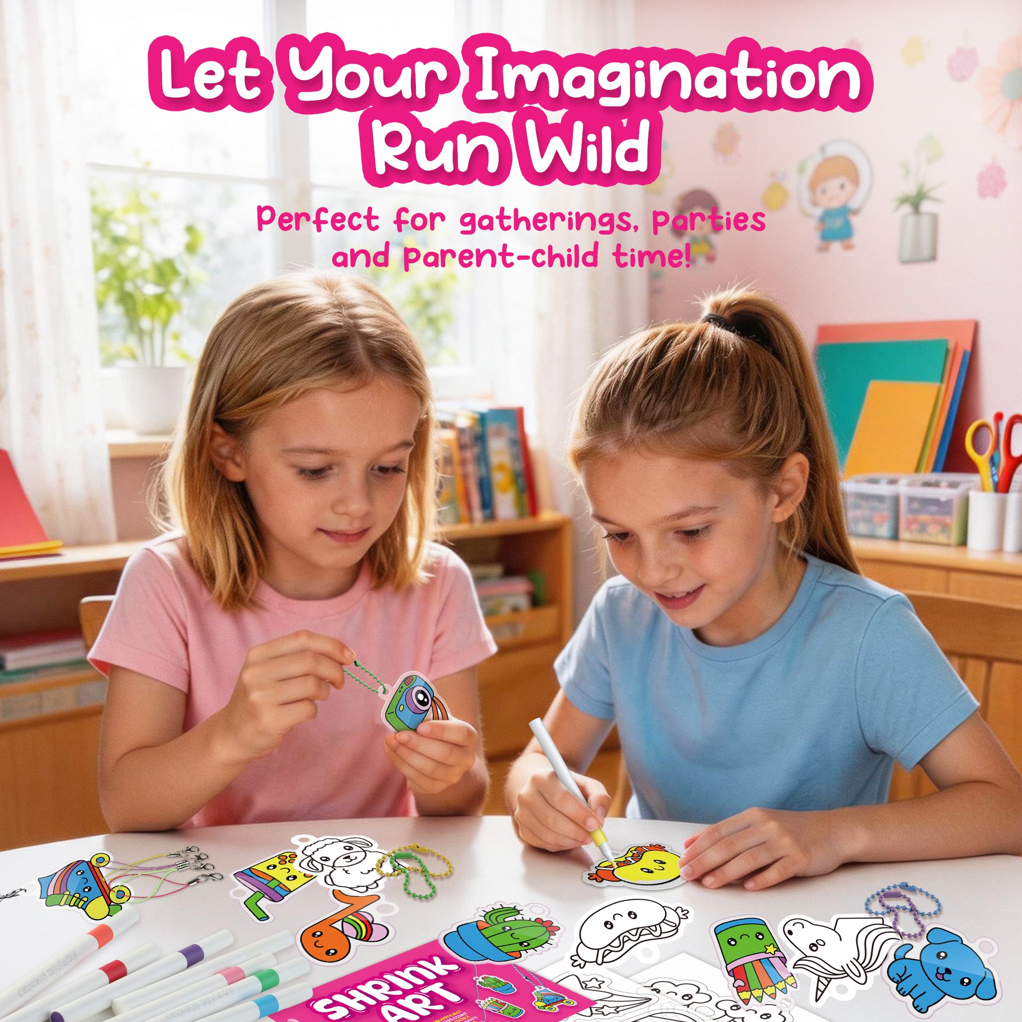 Piano Potato DIY Shrinking Art Kit for Kids - 30 Pre-Cut Shrink Plastic Sheets & Keychain Making Kit, 8 Acrylic Markers, Charms, Bracelets, No Mess Creative Activity, Birthday Gift for Girls Ages 6+ - Image 6