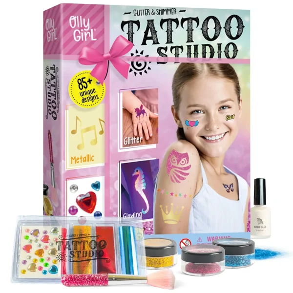Temporary Shimmery Glitter Tattoo Studio for Kids, Glitter & Shimmer Body Art Fake Tattoos for Girls