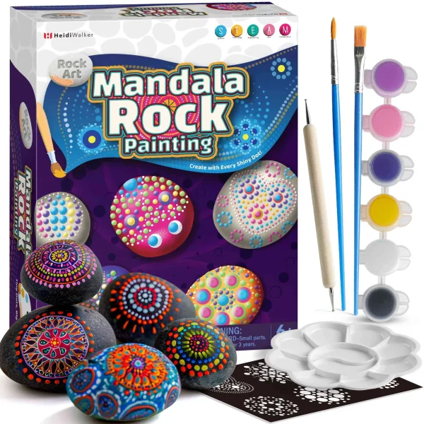 Mandala Rock Painting Kit (10 Rocks) – Dot Art Set with 5 Dotting Tools, 6 Stencils & Paints
