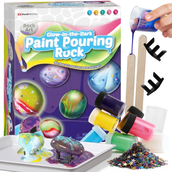 Glow in The Dark Rock Painting Kit - Mix & Pour DIY Craft, 10 Rocks with Sequins & Stands