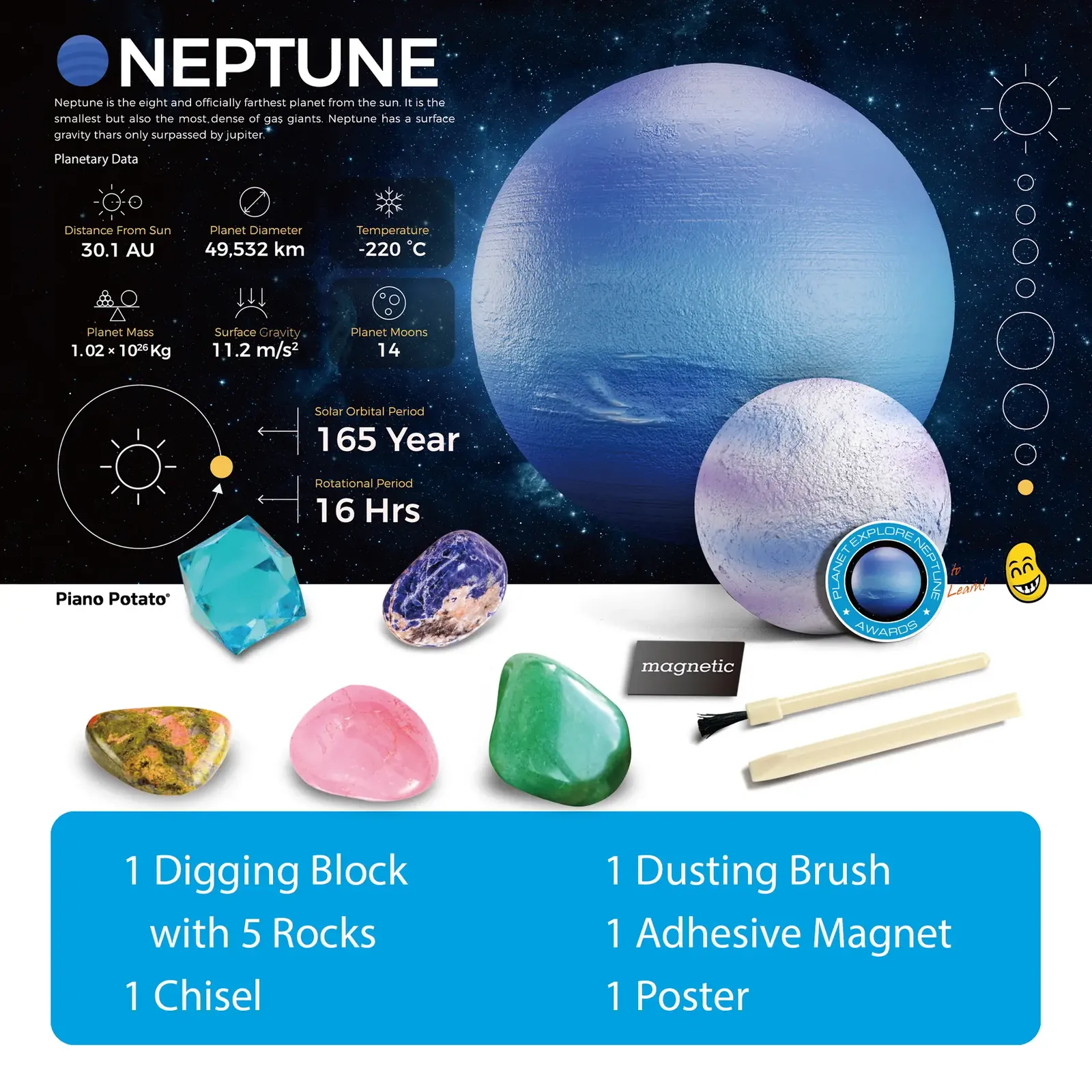 Piano Potato Neptune Planet Gemstone Dig Kit for Kids, STEM Space Science Toy with Dig Tools & Real Crystals - Image 5
