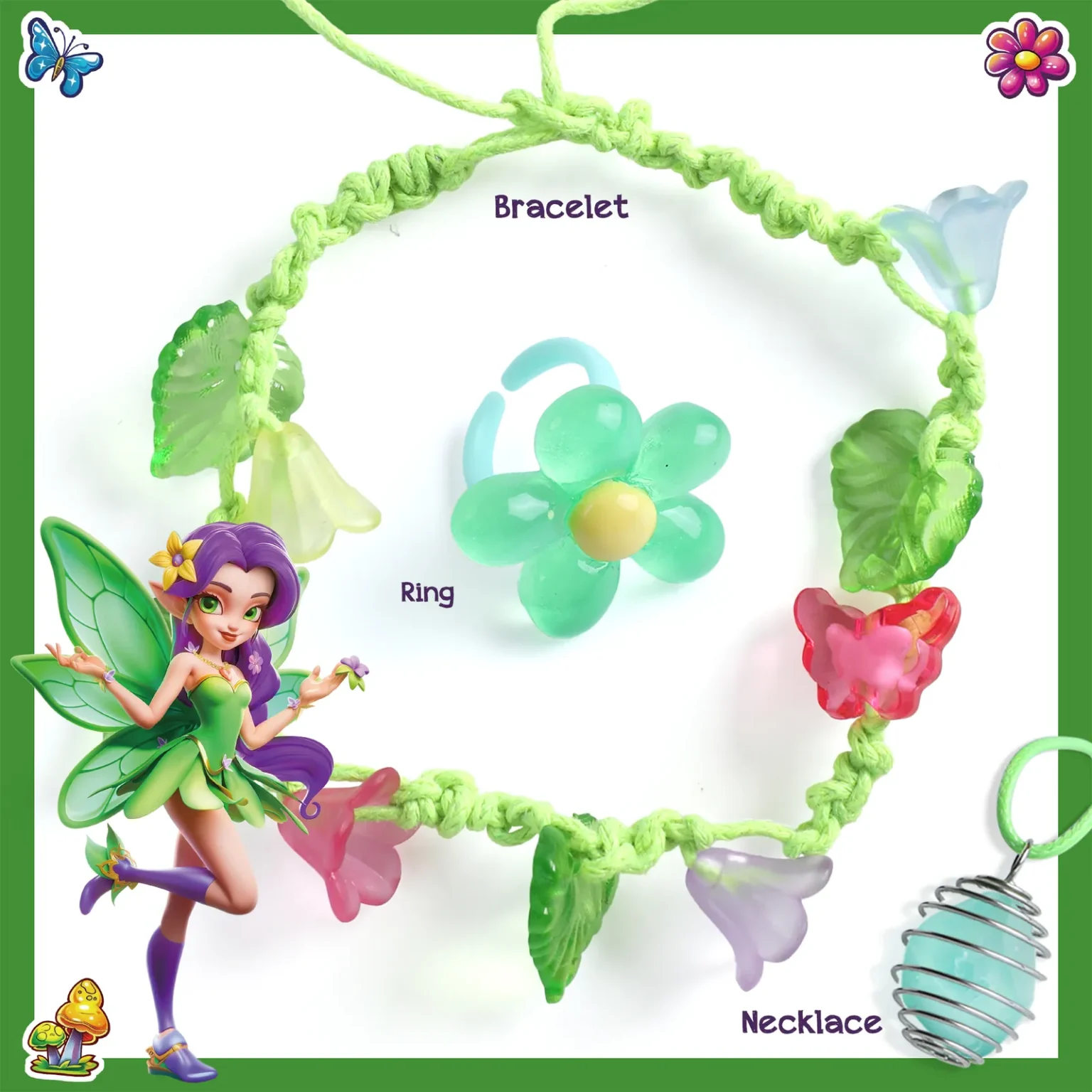 Fairy Scavenger Hunt digging block, tools, jewelry parts, clue cards, and instruction guide arranged together