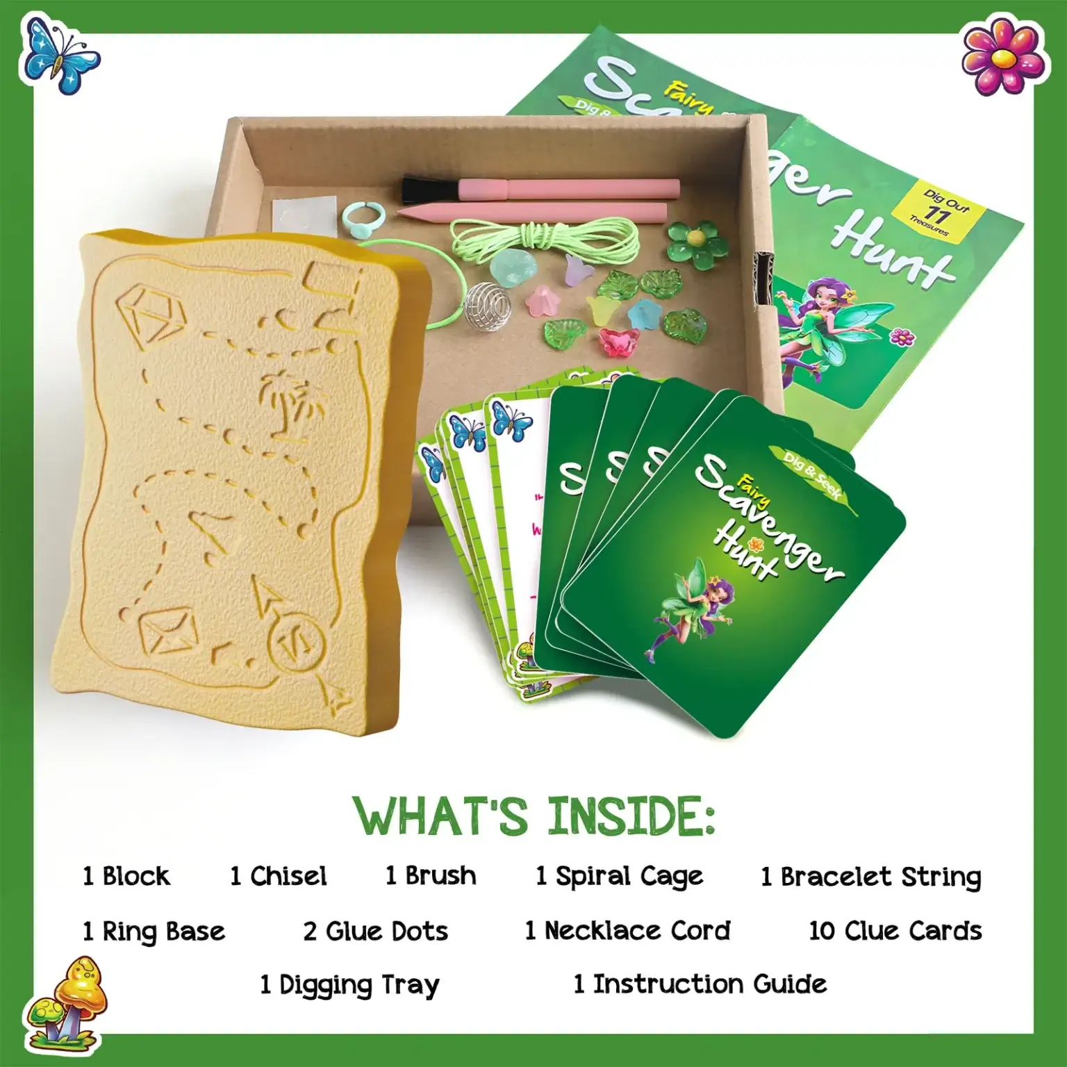 Complete Fairy Scavenger Hunt kit contents including digging block, tray, chisel, brush, jewelry parts, clue cards, and guide