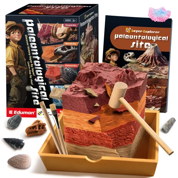 Paleontological Site Fossil Digging Kit for kids, Dig Up 4 Geological Eras with Dinosaur Fossil, Rock