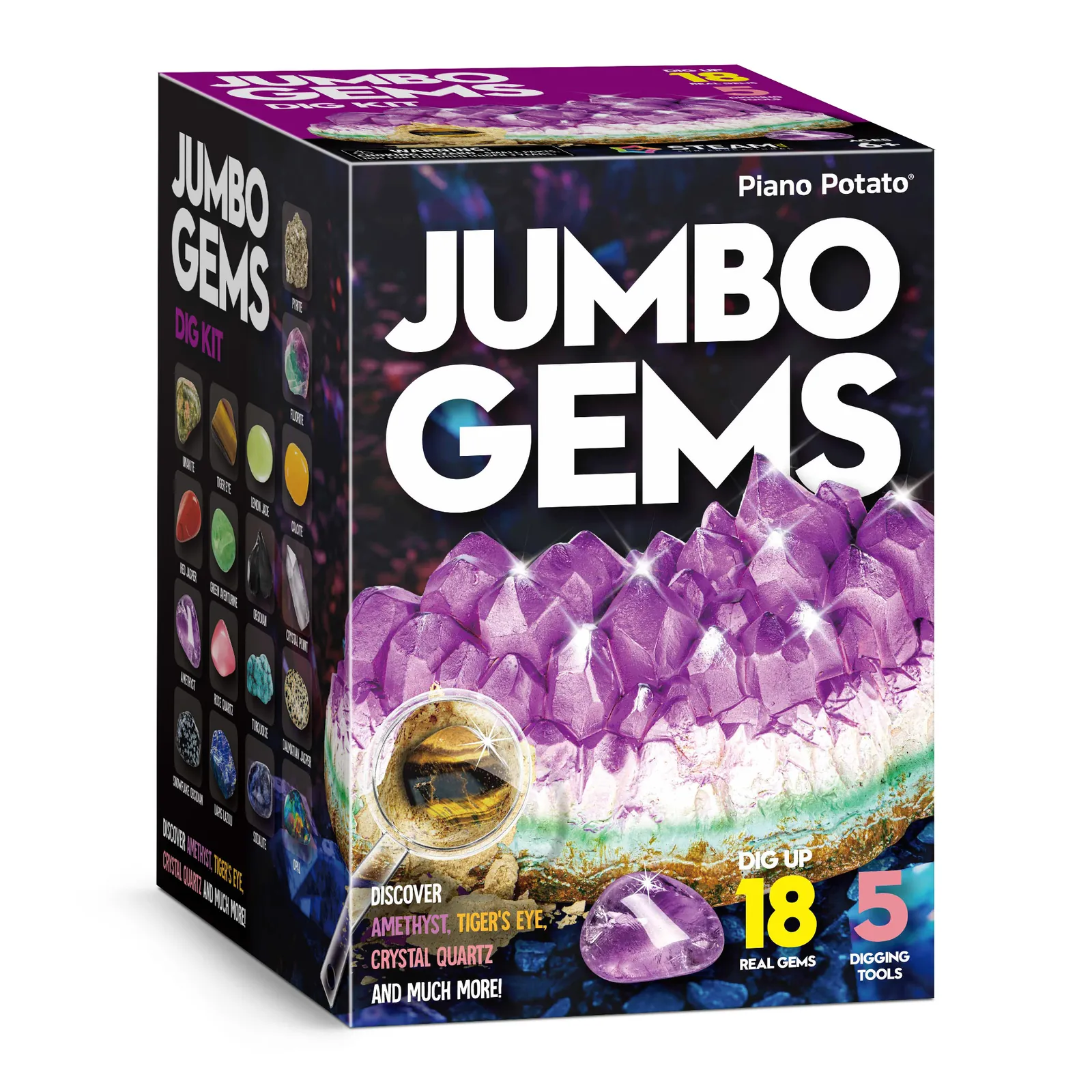 Jumbo Gems box showing eighteen finds and five digging tools