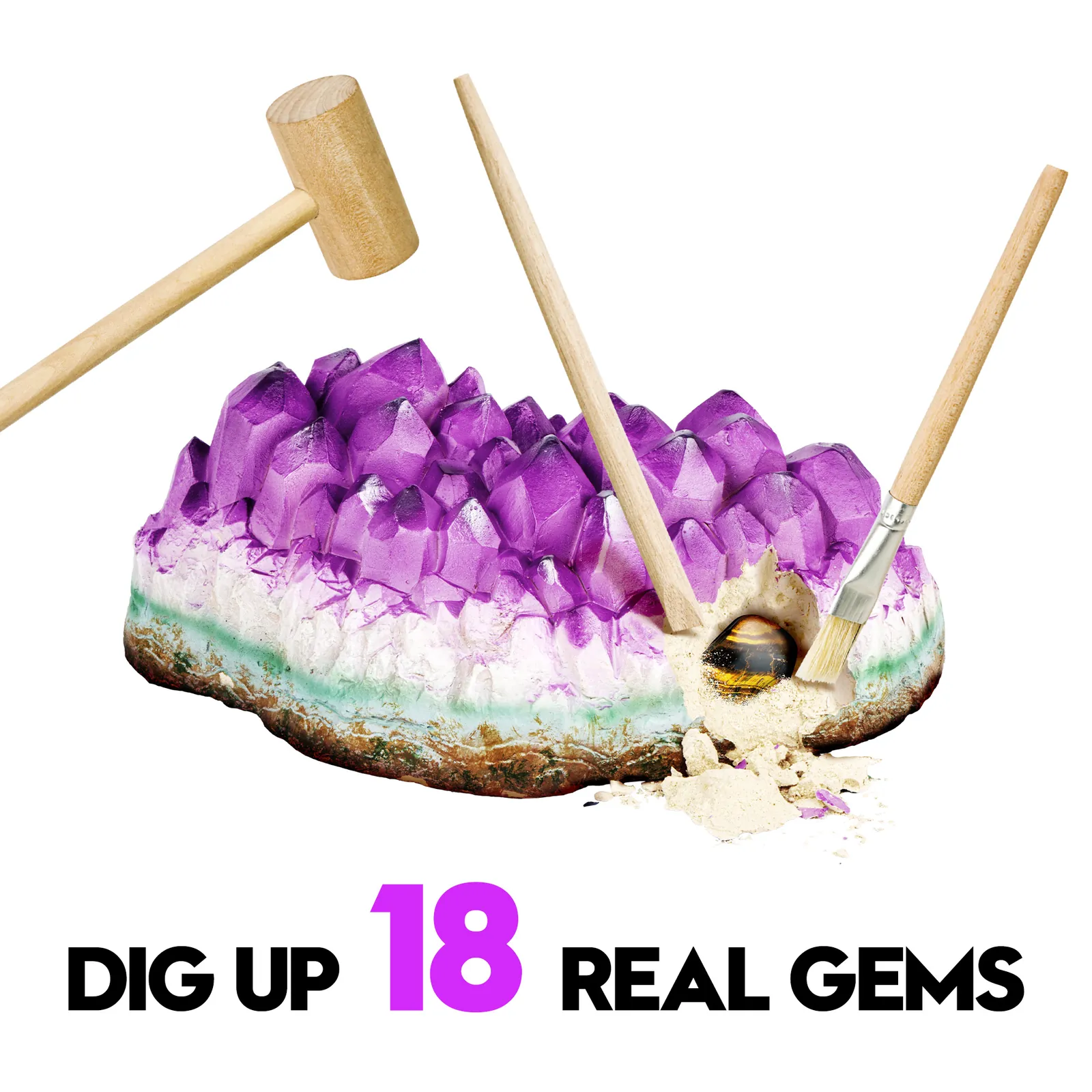 A tiger eye specimen emerging from the purple digging block beside a chisel and brush