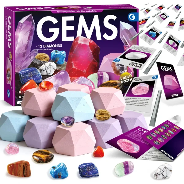 Gemstone Dig Kit – 12 Individual Blocks, 12 Stones & Learning Cards