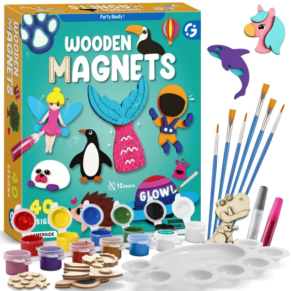 DIY Wooden Magnets, 40 pcs Magic Magnetic Paint Set, Wood Arts and Crafts Painting Kit for Kids